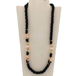 VTG CHINESE 14K Y/G SHOU CARVED ANGEL SKIN CORAL BLACK ONYX NECKLACE 23”